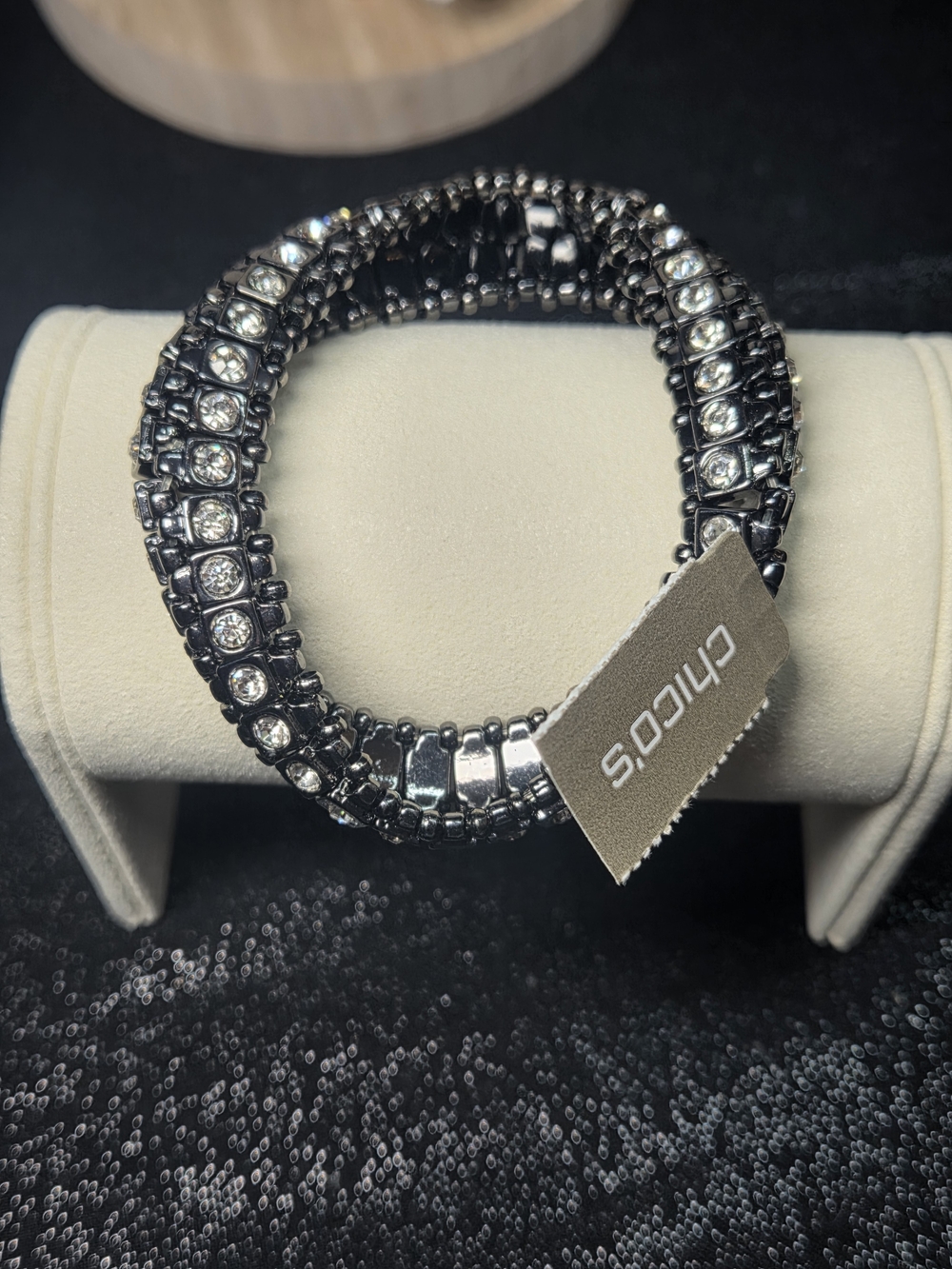 Chico's Gunmetal and Clear Crystal Stretch Bracelet